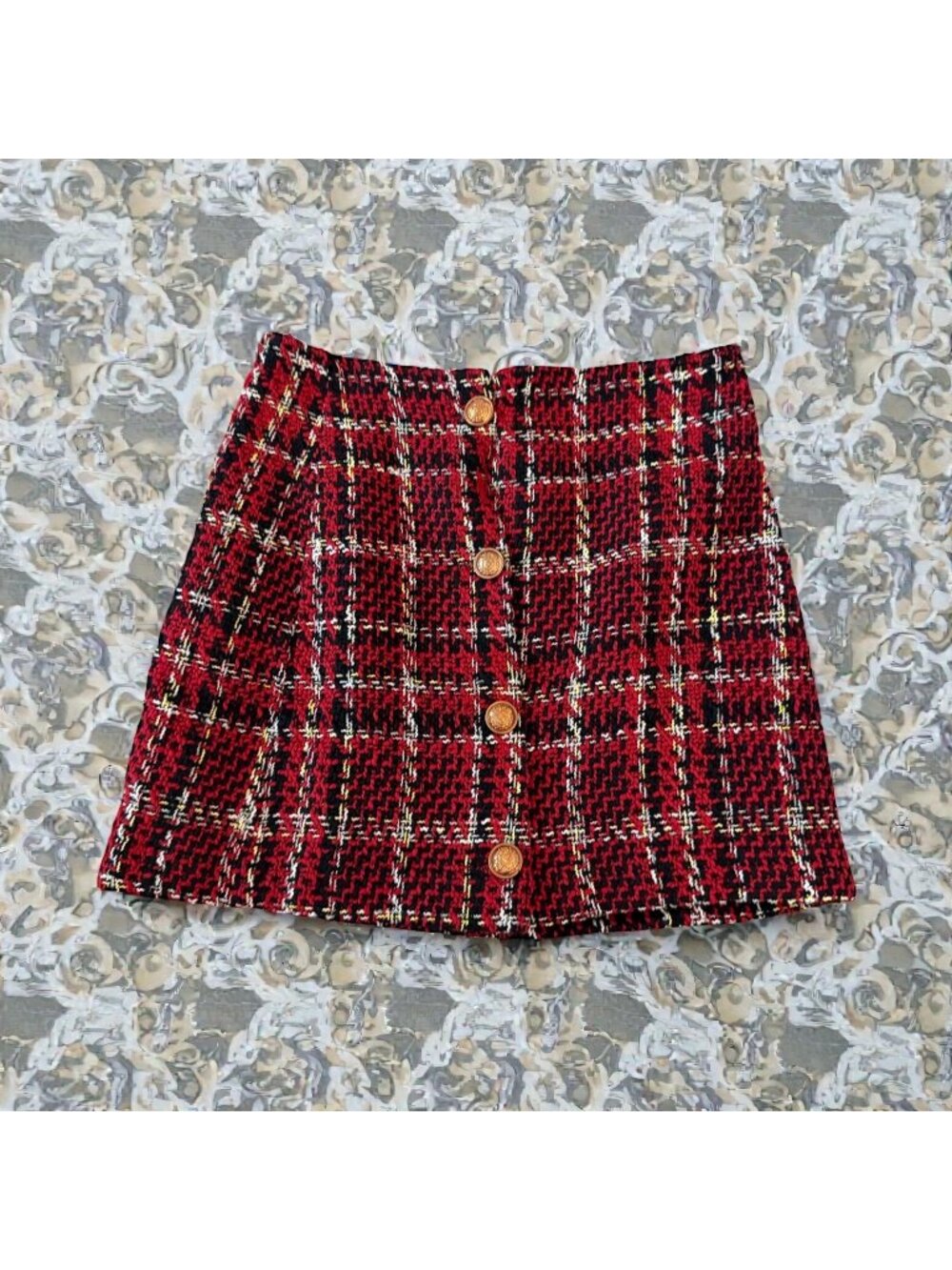 GOODNIGHT MACAROON Red Black Gold Boucle Skirt Size XS